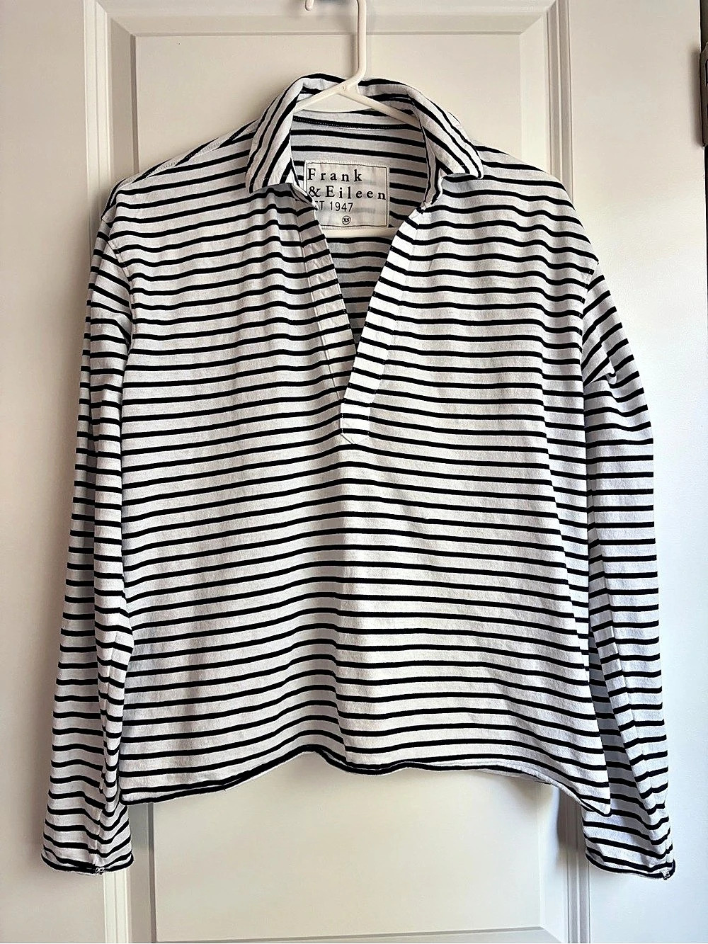 Frank & Eileen Patrick Popover Henley Striped Cotton Shirt in White & Black XS